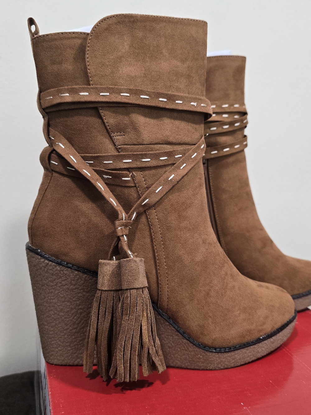 UNIONBAY Brown Suede Tassel Wedge Ankle Booties